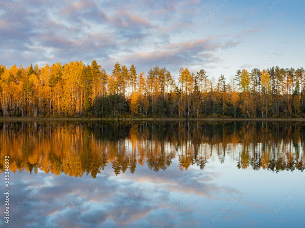 Obraz premium Golden autumn in Karelia, northwest Russia. Trees with yellow leaves, calm on the lake. Clouds in the sky.