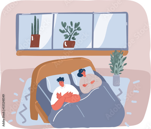 Vector illustration of man and woman sleep in bed with angry mood, feeling disappointed and depressed because of erectile dysfunction, semeynaya ssora, nedovol'stvo, preddverii razvoda