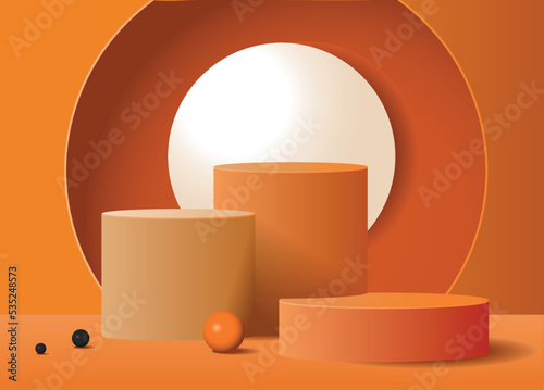 Abstract cream 3D room with set of realistic orange and purpure cylinders pedestal podium. Geometric forms element. Minimal scene for product display presentation. Round stage for showcase