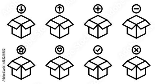 Conjunto de iconos de agregar y eliminar productos de la caja. Favoritos, me gusta y verificación. Compra en línea. Ilustración vectorial