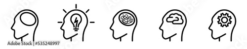 Conjunto de iconos de cabeza humana de pensamiento. Cabeza de engranaje, idea, bombilla, vacío, caos, creatividad. Cabeza pensando. Ilustración vectorial