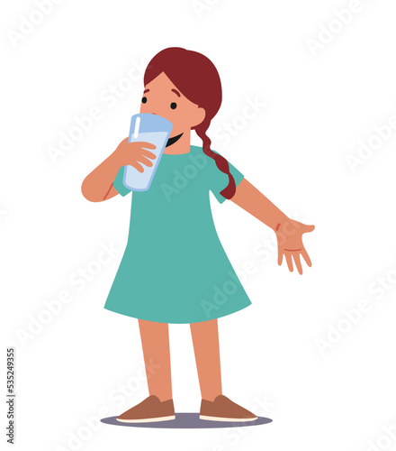 Little Girl Drinking Clean Water, Milk Or Juice. Kid Character Enjoying Fresh Drink, Summer Refreshment, Body Hydration