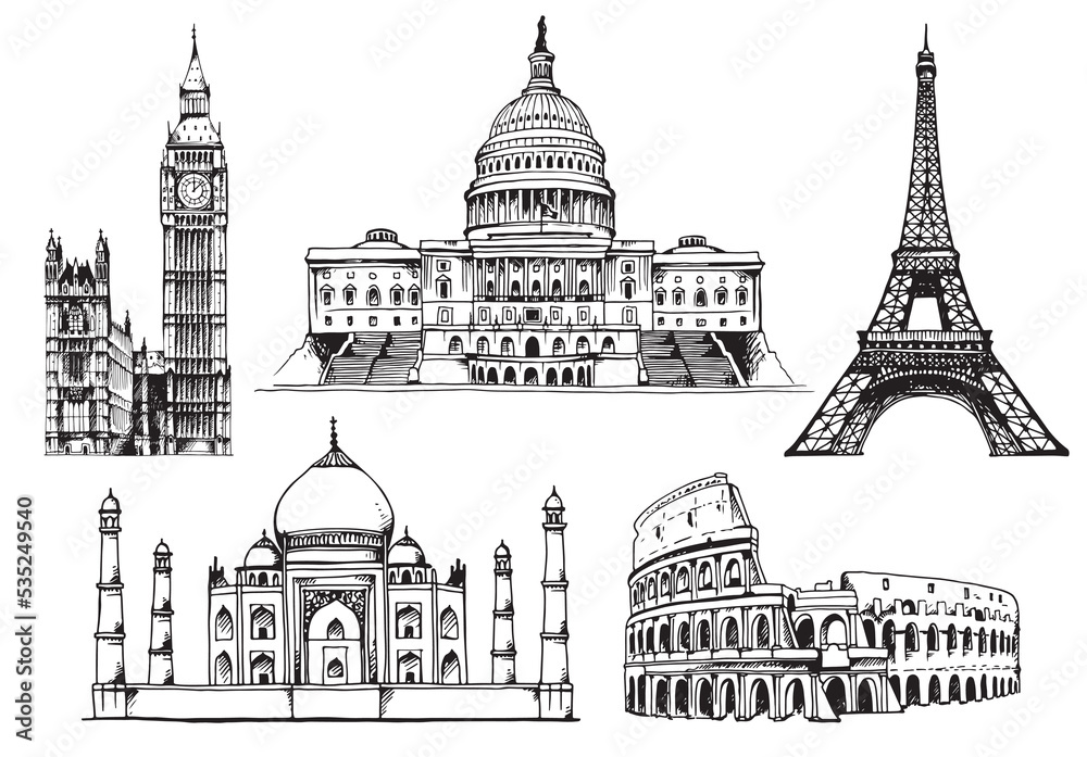 United States Capitol Building, Eiffel Tower, Big Ben, Eiffel Tower, Taj Mahal, Coliseum, world landmark vector set