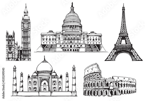 United States Capitol Building, Eiffel Tower, Big Ben, Eiffel Tower, Taj Mahal, Coliseum, world landmark vector set