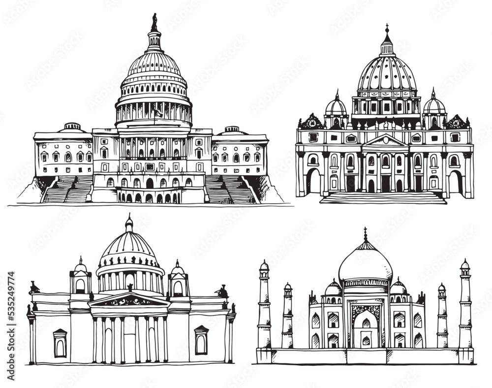 United States Capitol Building, Saint Isaac's Cathedral, Saint Peter's Basilica, Taj Mahal, world landmark vector set
