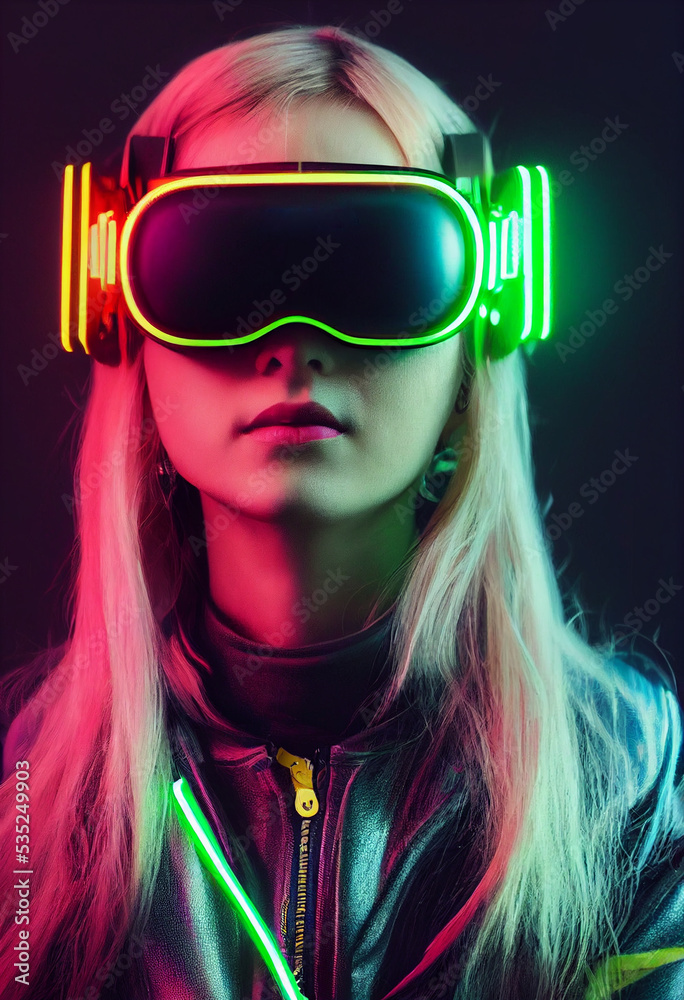 portrait of a young girl wearing virtual reality glasses, futuristic style, steampunk, cyberpunk, post-acalypse, 3d rendering portrait of a young girl wearing virtual reality glasses, futuristic style, steampunk, cyberpunk, post-acalypse, 3d rendering
