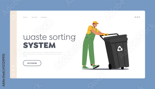 Waste Sorting System Landing Page Template. Scavenger in Uniform Pull Litter Bin. Trash and Wastes Recycling Service
