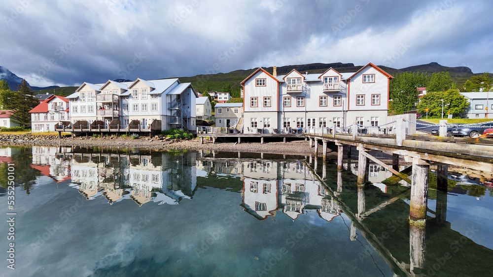 View of traditional bulding at Faskrudsfjord on Iceland