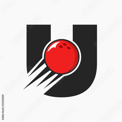 Initial Letter U Bowling Logo Concept With Moving Bowling Ball Icon. Bowling Sports Logotype Symbol Vector Template