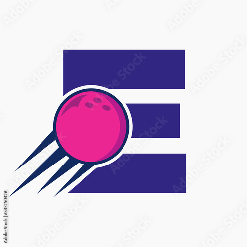 Initial Letter E Bowling Logo Concept With Moving Bowling Ball Icon. Bowling Sports Logotype Symbol Vector Template