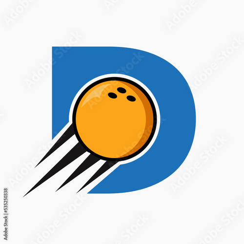 Initial Letter D Bowling Logo Concept With Moving Bowling Ball Icon. Bowling Sports Logotype Symbol Vector Template