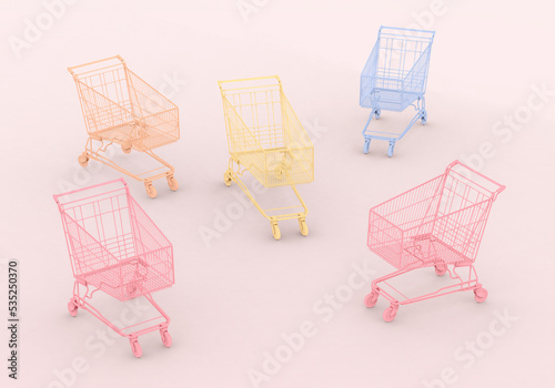 Different pastel colored shopping carts on pink background. Black Friday sales fuss minimalistic concept. Shop online, free delivery, Cybermonday, Discounts, Valentines and International Women's Day