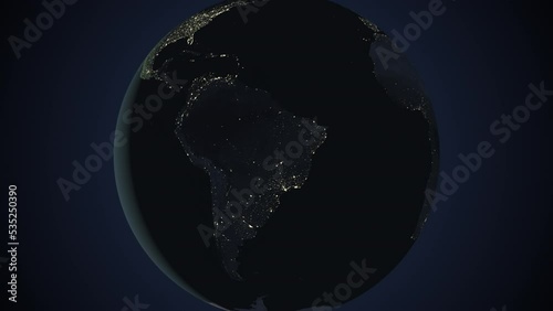 Seamless looping animation of the earth at night zooming in to the 3d map of Brazil with the capital and the biggest cites in 4K resolution