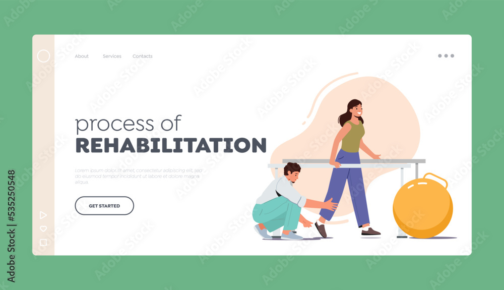 Rehabilitation Process Landing Page Template. Doctor Help Patient To Walk After Injury Or Operation at Physio Therapy