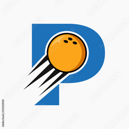 Initial Letter P Bowling Logo Concept With Moving Bowling Ball Icon. Bowling Sports Logotype Symbol Vector Template