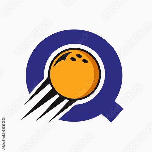 Initial Letter Q Bowling Logo Concept With Moving Bowling Ball Icon. Bowling Sports Logotype Symbol Vector Template