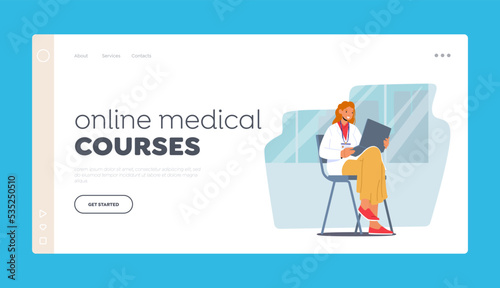 Online Medical Courses Landing Page Template. Student Intern Female Character In Doctor Uniform Sitting on Chair