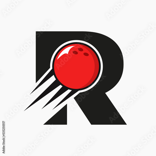 Initial Letter R Bowling Logo Concept With Moving Bowling Ball Icon. Bowling Sports Logotype Symbol Vector Template