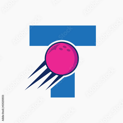 Initial Letter T Bowling Logo Concept With Moving Bowling Ball Icon. Bowling Sports Logotype Symbol Vector Template