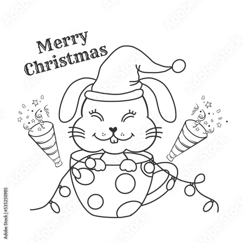 christmas bunny in the cup, Coloring page can print out with good quality. On white back gound.