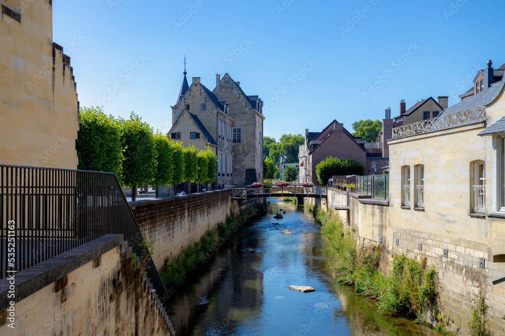 Summer cityscape of Valkenburg aan de Geul with kleine (small) geul rivier and architecture traditional houses, An adorable little town in the southern Dutch province of Limburg, Netherlands, Holland.