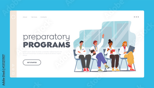 Preparatory Programs in Medical Internship School Landing Page Template. Young Medic Specialists Sitting on Chairs