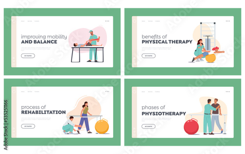 People Applying Rehabilitation Landing Page Template Set. Therapists Rehabilitating Disabled Patients Physical Activity