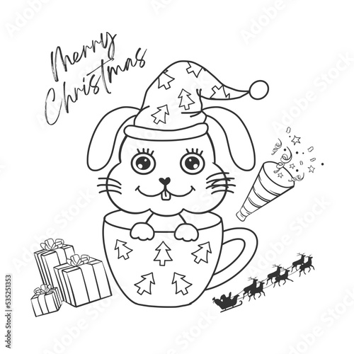 Cute bunny in the cup, Coloring page can print out with good quality. On white back gound.