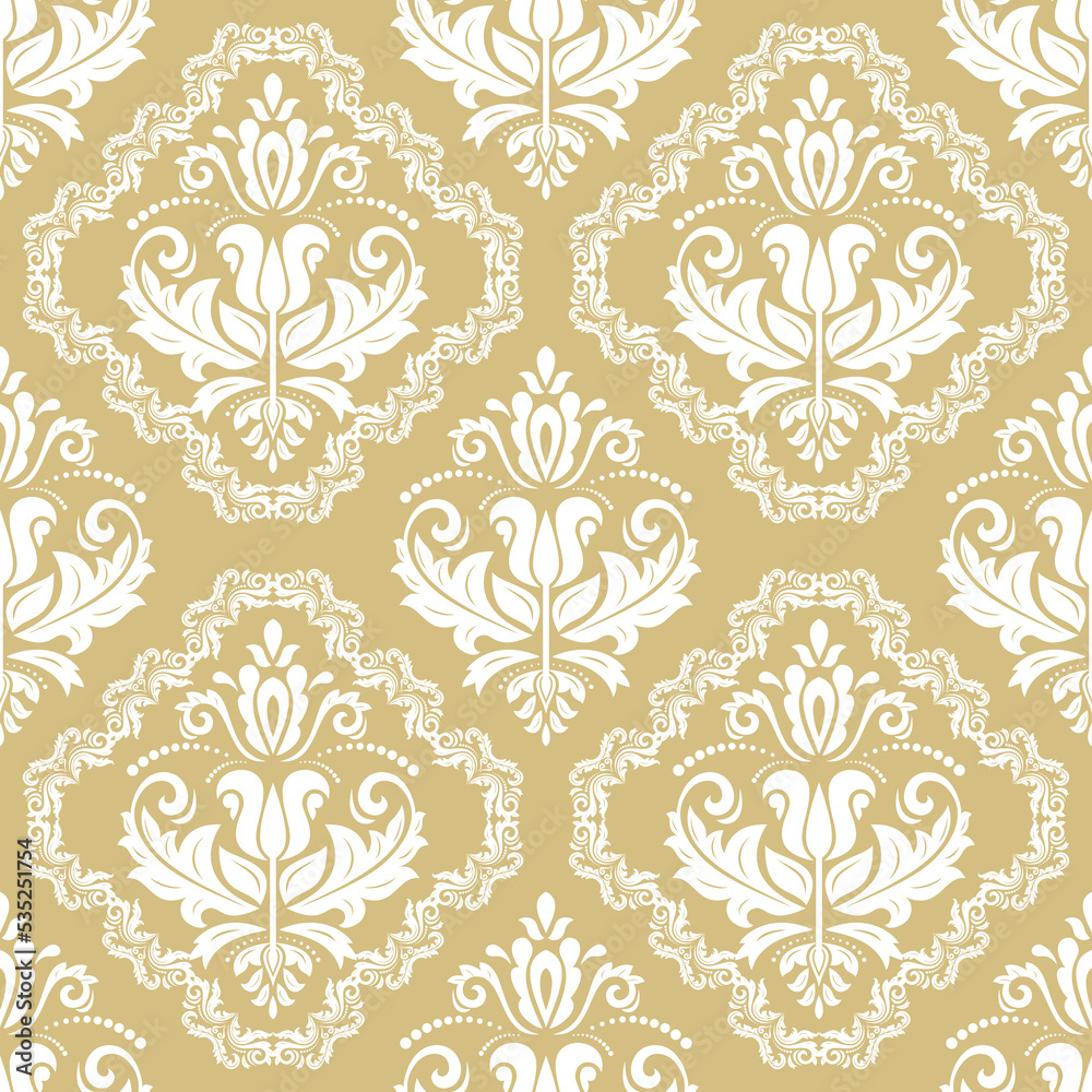 Classic seamless yellow and white pattern. Damask orient ornament. Classic vintage background. Orient ornament for fabric, wallpaper and packaging Classic seamless yellow and white pattern. Damask orient ornament. Classic vintage background. Orient ornament for fabric, wallpaper and packaging