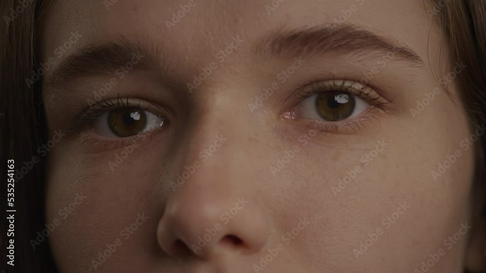 Close up of a caucasian woman eyes in a wink or blink gesture in slow motion indoors Close up of a caucasian woman eyes in a wink or blink gesture in slow motion indoors