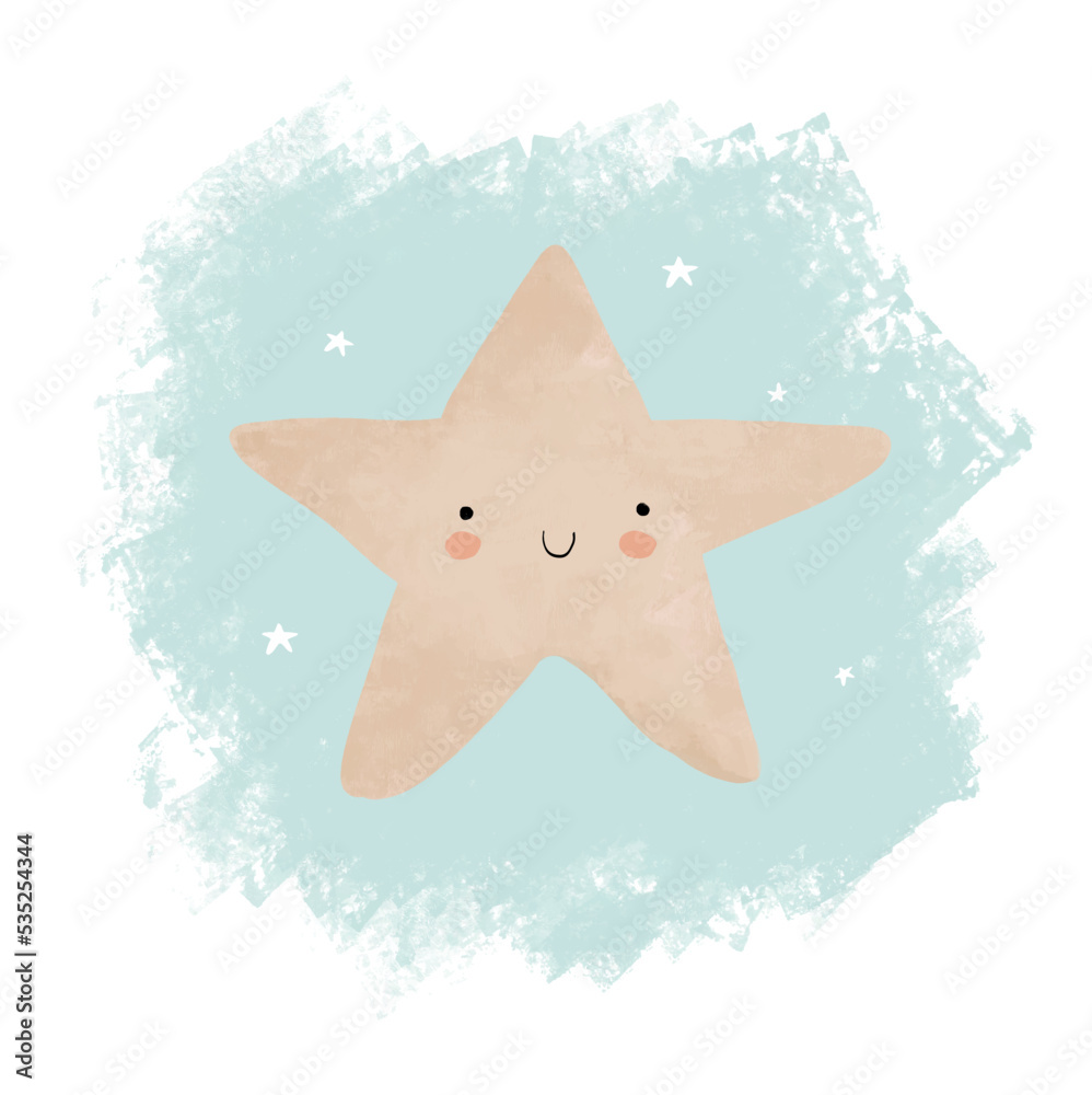 Cute Hand Drawn Nursery Vector Illustration with Kawaii Style Star. Beige Smiling Star in a Pastel Blue Grunge Frame on a White Background. Lovely Nursery Art ideal for Card, Invitation. Dreamy Night. Cute Hand Drawn Nursery Vector Illustration with Kawaii Style Star. Beige Smiling Star in a Pastel Blue Grunge Frame on a White Background. Lovely Nursery Art ideal for Card, Invitation. Dreamy Night.
