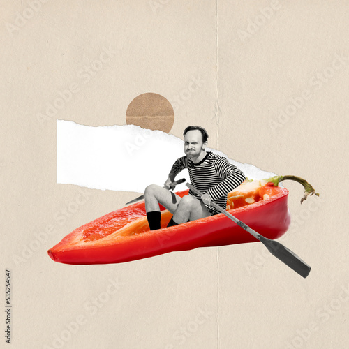 Contemporary art collage. Creative funny image of emotive man sailing into sweet red pepper. Healthy lifestyle photo