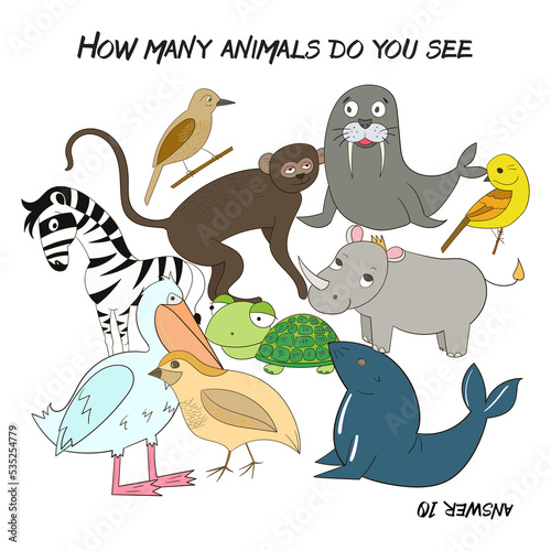 Educational game  how many animals do you see PNG illustration with transparent background © Oleksandr Pokusai
