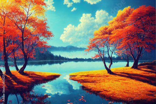 Wallpaper Mural Autumn landscape with blue lake and many red leaves above. digital illustration art. Torontodigital.ca