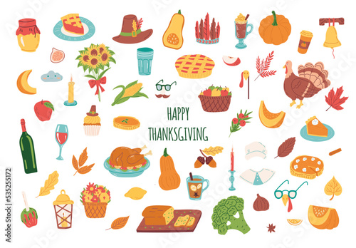Thanksgiving day set. Flat vector illustration