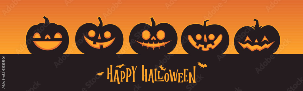 Halloween banner horizontal design with Jack o Lantern carved pumpkins. Simple cartoon spooky design. Trick or treat. Halloween banner horizontal design with Jack o Lantern carved pumpkins. Simple cartoon spooky design. Trick or treat.