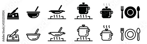 Cooking process from cutting ingredients to ready to serve on the plate icon vector set. Knead dough, frying, steaming symbol illustration. Hot pot sign silhouette photo