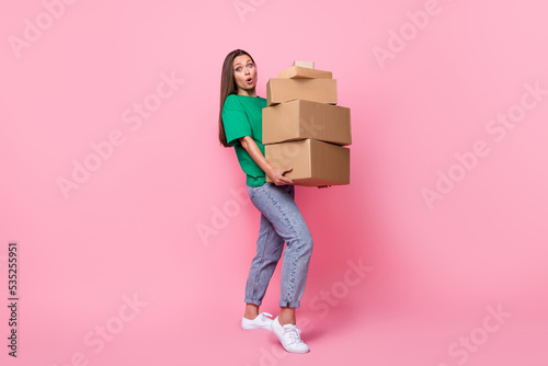 Obraz na plátně Full size photo of gorgeous nice cute girl with long hairstyle wear green t-shir