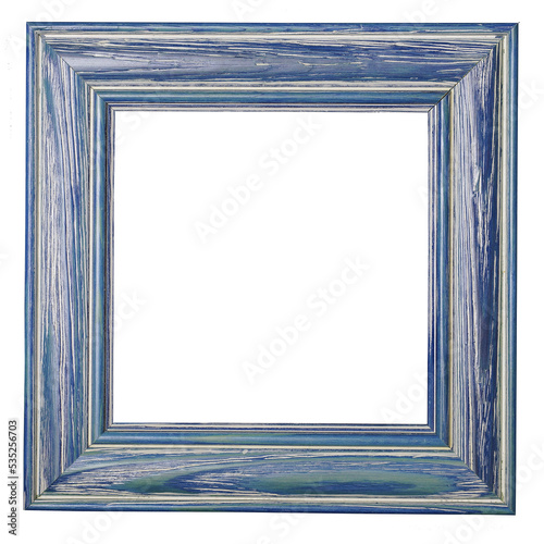 Empty blue frame. Wooden blue frame with the effect of scuffing. Isolated 