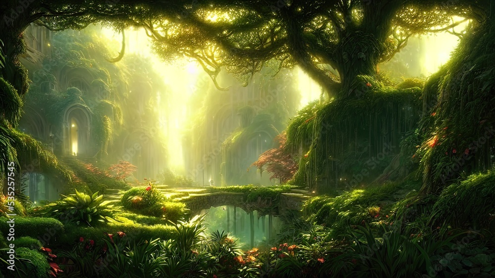 Naklejka premium Garden of Eden, exotic fairytale fantasy forest, Green oasis. Unreal fantasy landscape with trees and flowers. Sunlight, shadows, creepers and an arch. 3D illustration.