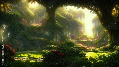 Garden of Eden, exotic fairytale fantasy forest, Green oasis. Unreal fantasy landscape with trees and flowers. Sunlight, shadows, creepers and an arch. 3D illustration.