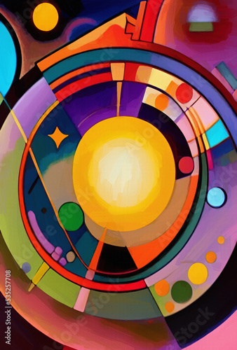 Circle in circles digiatl abstract wall art print, painting in abstractionism modern cubism and expressionism mixed style. Vibrant artwork background pattern for creaive design creation. photo