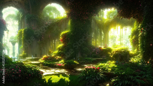 Garden of Eden, exotic fairytale fantasy forest, Green oasis. Unreal fantasy landscape with trees and flowers. Sunlight, shadows, creepers and an arch. 3D illustration.