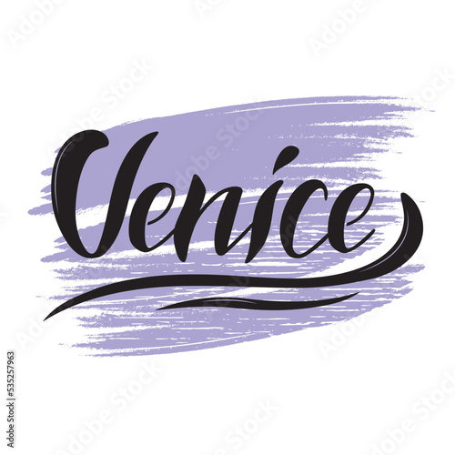 Venice logo. Vector illustration. hand lettering. Black letters with waves on blue textured background. Venice emblem for travel blog greeting card banner poster flyer brochure, wanderlust. Italy.