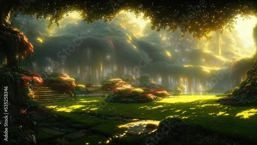 Garden of Eden, exotic fairytale fantasy forest, Green oasis. Unreal fantasy landscape with trees and flowers. Sunlight, shadows, creepers and an arch. 3D illustration.