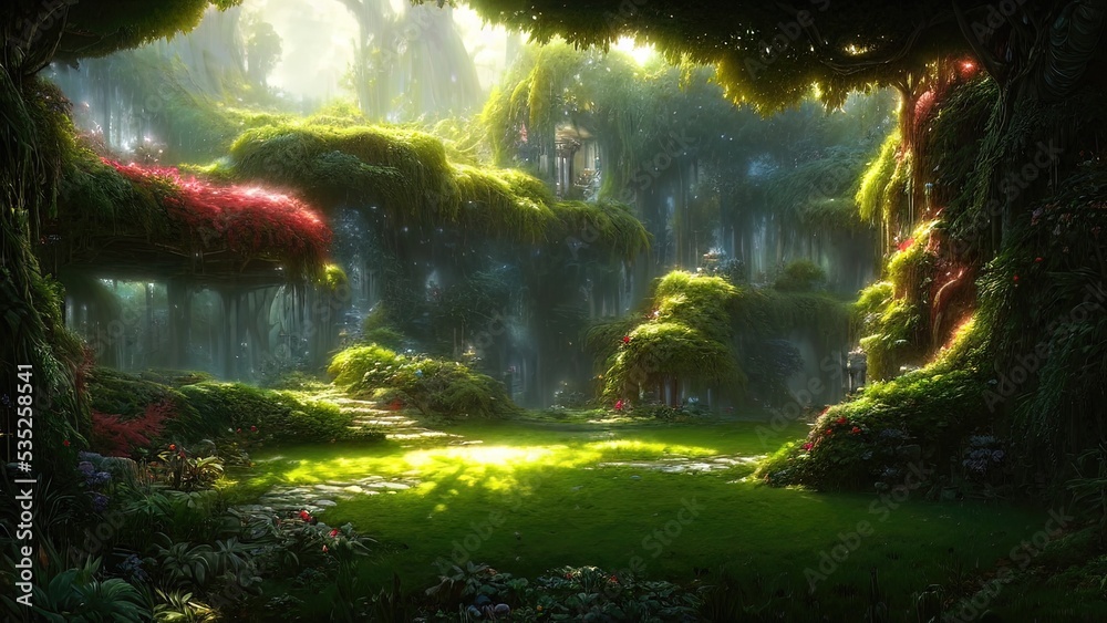 Fototapeta premium Garden of Eden, exotic fairytale fantasy forest, Green oasis. Unreal fantasy landscape with trees and flowers. Sunlight, shadows, creepers and an arch. 3D illustration.