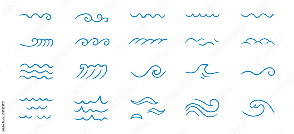 Wave sea line doodle icon set. Hand drawn sketch water wave outline. Simple curve, scribble aqua flow. Isolated vector illustration. Wave sea line doodle icon set. Hand drawn sketch water wave outline. Simple curve, scribble aqua flow. Isolated vector illustration.