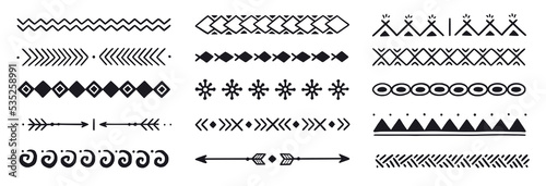 Hand drawn folk motif, ethnic pattern set. Peru, mexican, aztec drawn border pattern. Boho, indian decoration, arrow element. Vector illustration.