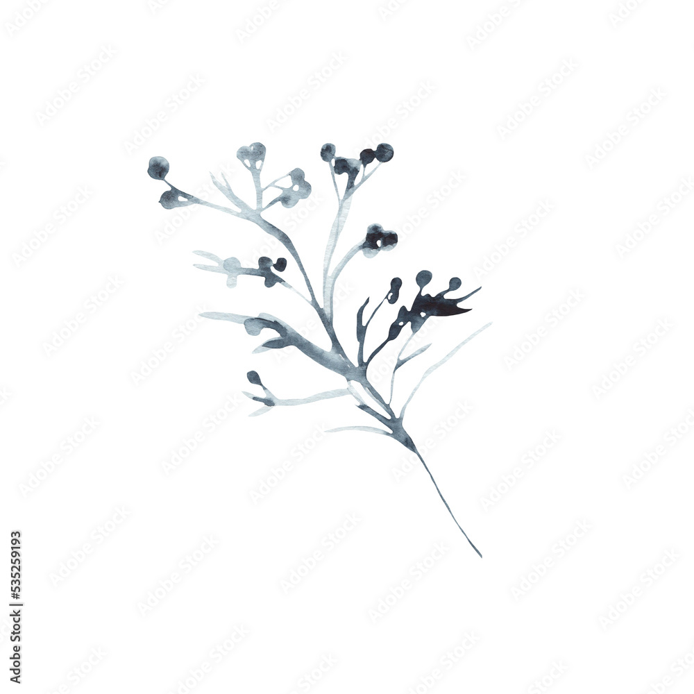 Blue flowers leave winter nature watercolor illustration on white background.