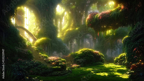 Garden of Eden, exotic fairytale fantasy forest, Green oasis. Unreal fantasy landscape with trees and flowers. Sunlight, shadows, creepers and an arch. 3D illustration.